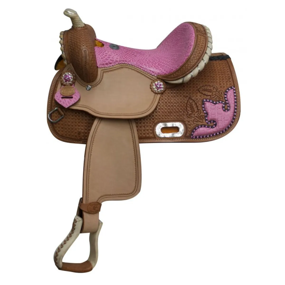 13" DOUBLE T  BARREL STYLE SADDLE WITH ALLIGATOR PRINT SEAT AND ACCENTS