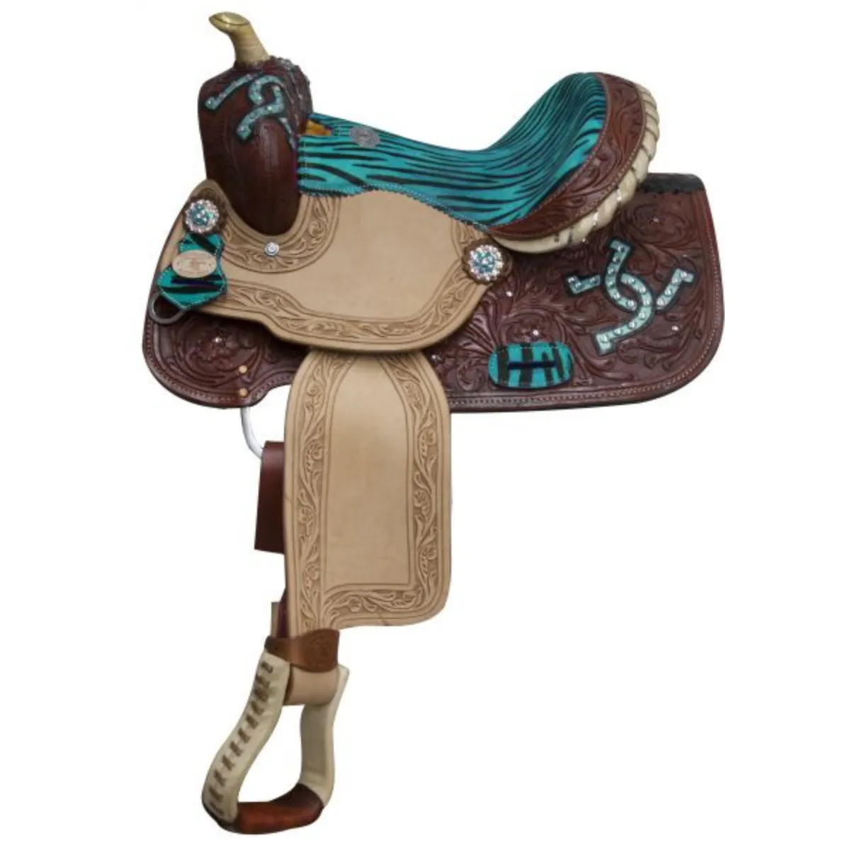 13" DOUBLE T YOUTH BARREL SADDLE WITH ZEBRA PRINT SEAT