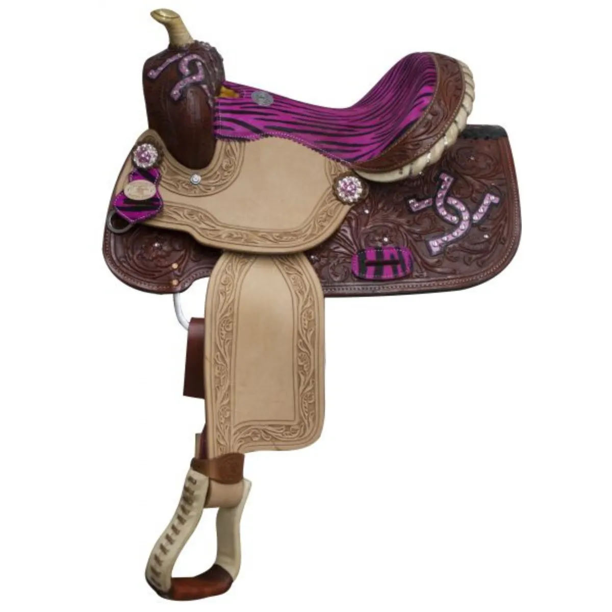 13" DOUBLE T YOUTH BARREL SADDLE WITH ZEBRA PRINT SEAT