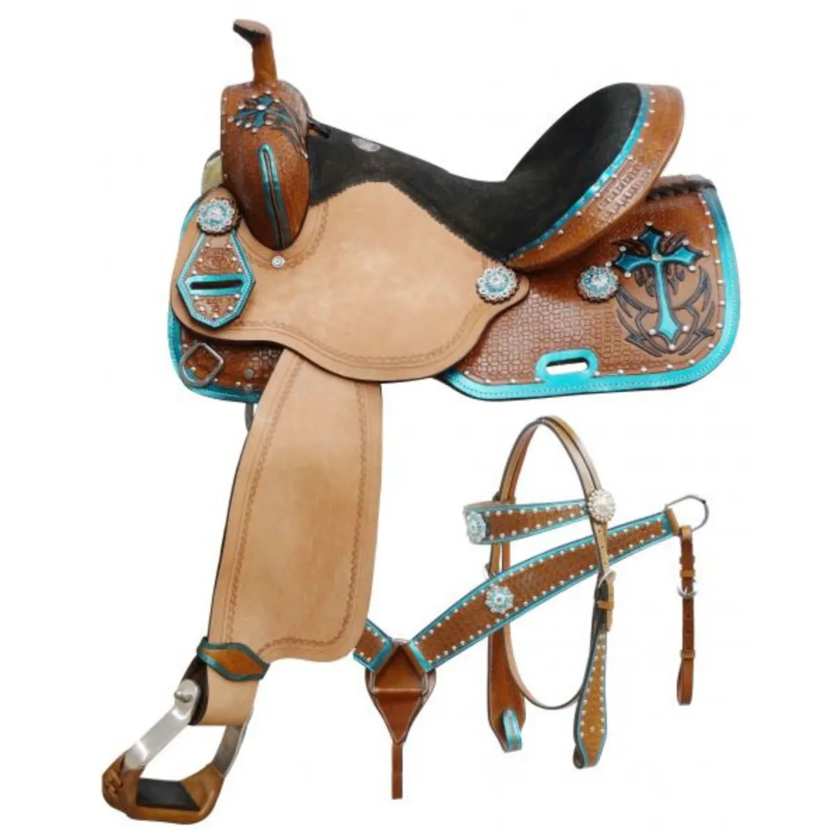 14", 15", 16" DOUBLE T  BARREL STYLE SADDLE SET WITH METALLIC TEAL PAINTED CROSS THIS SADDLE