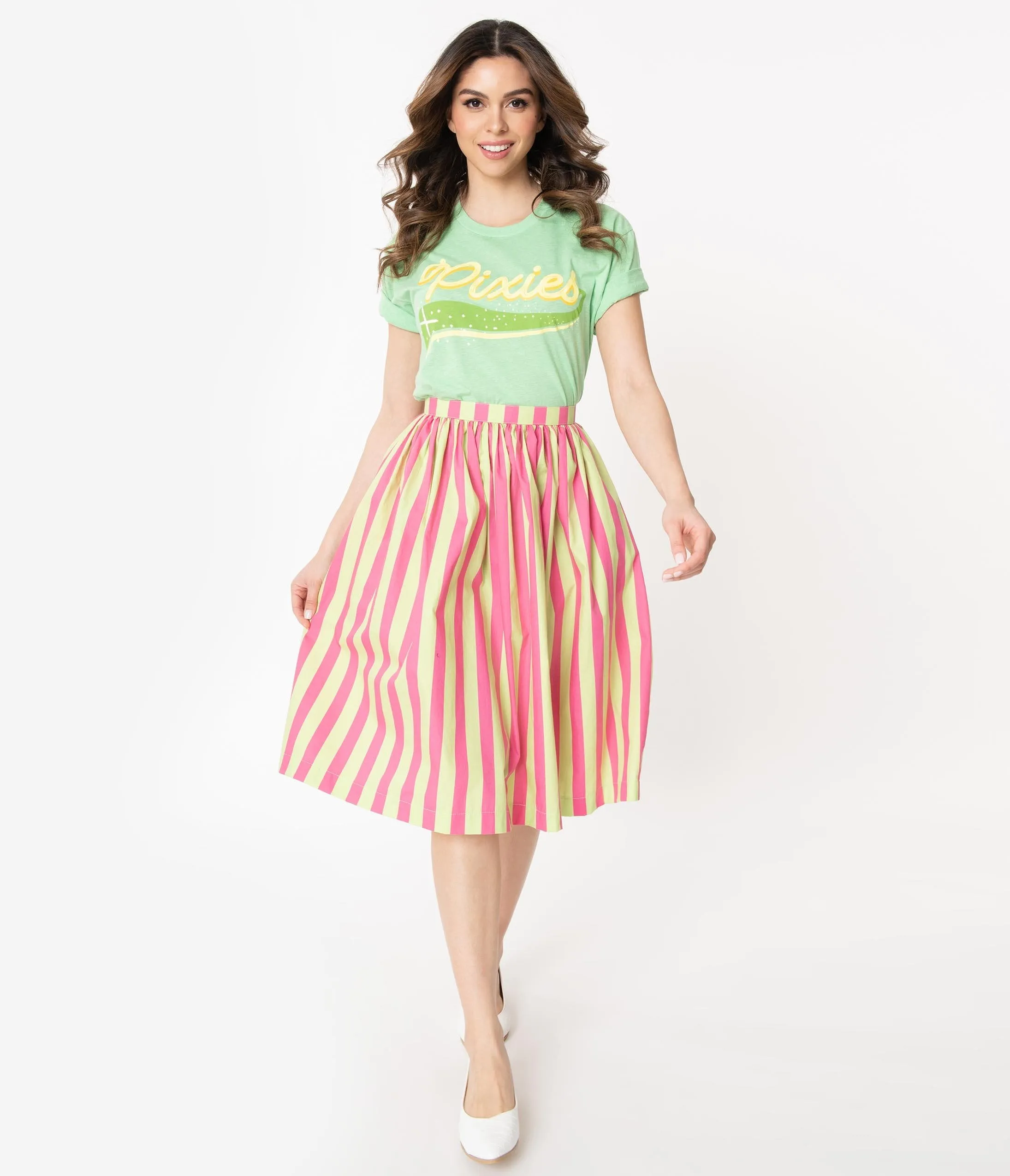 1950s Style Pink & Mint Green Stripe Swing Skirt