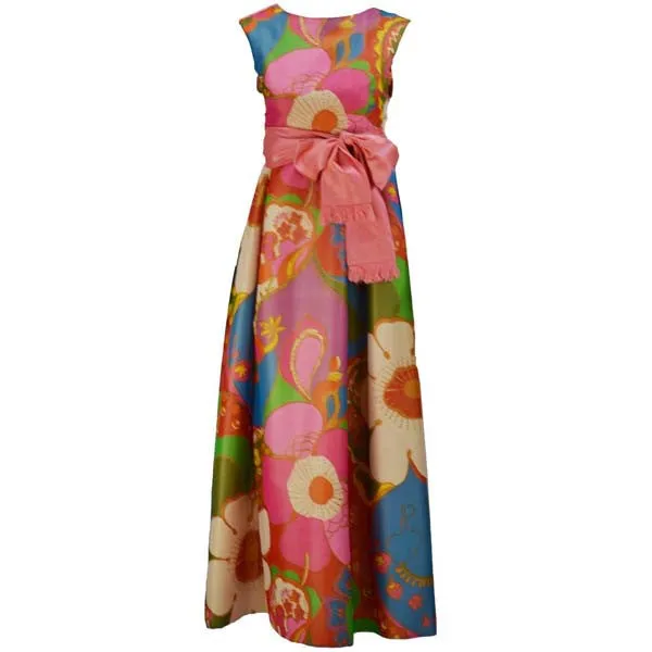 1960's Silk Flower Print Maxi Dress