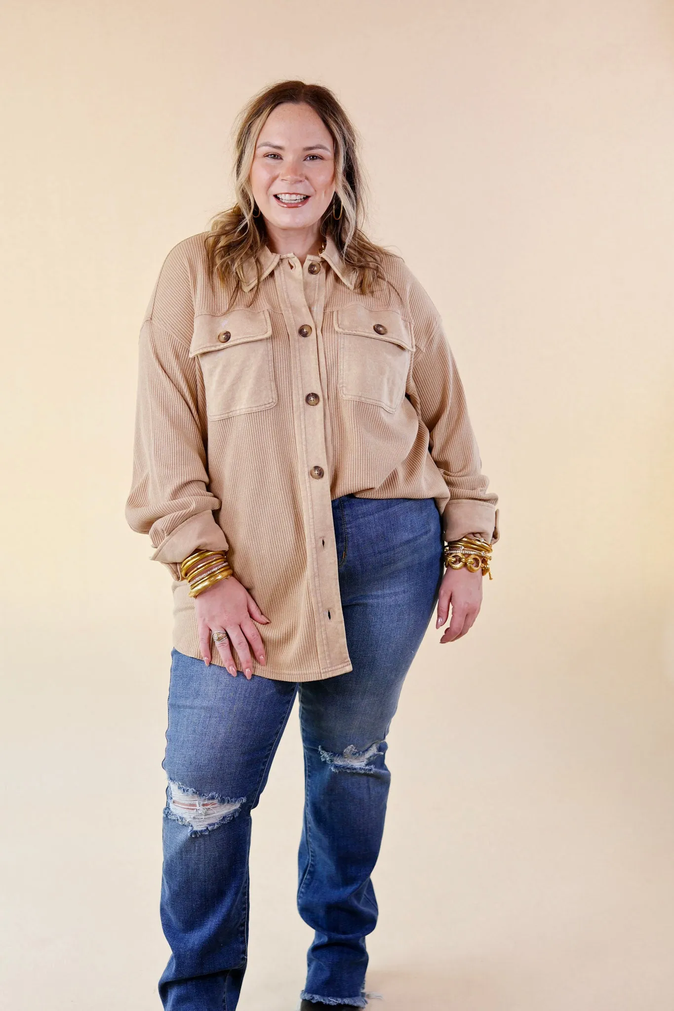 A Place To Unwind Button Up Waffle Knit Shacket in Cream