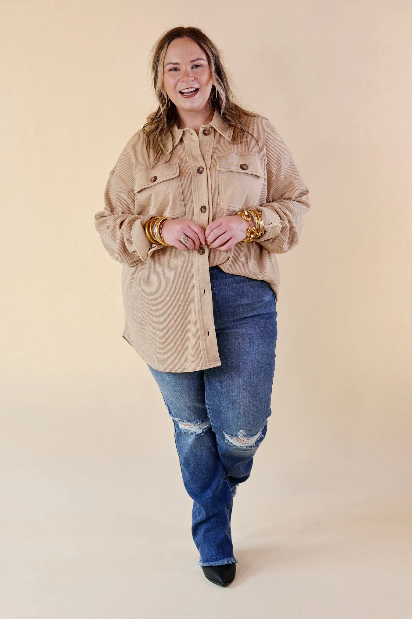 A Place To Unwind Button Up Waffle Knit Shacket in Cream