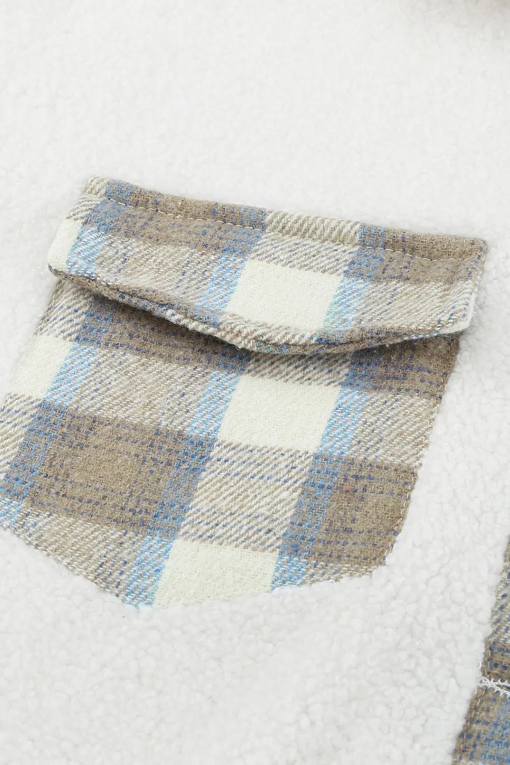 Beige Plaid Patchwork Buttoned Fleece Turn Down Collar Jacket