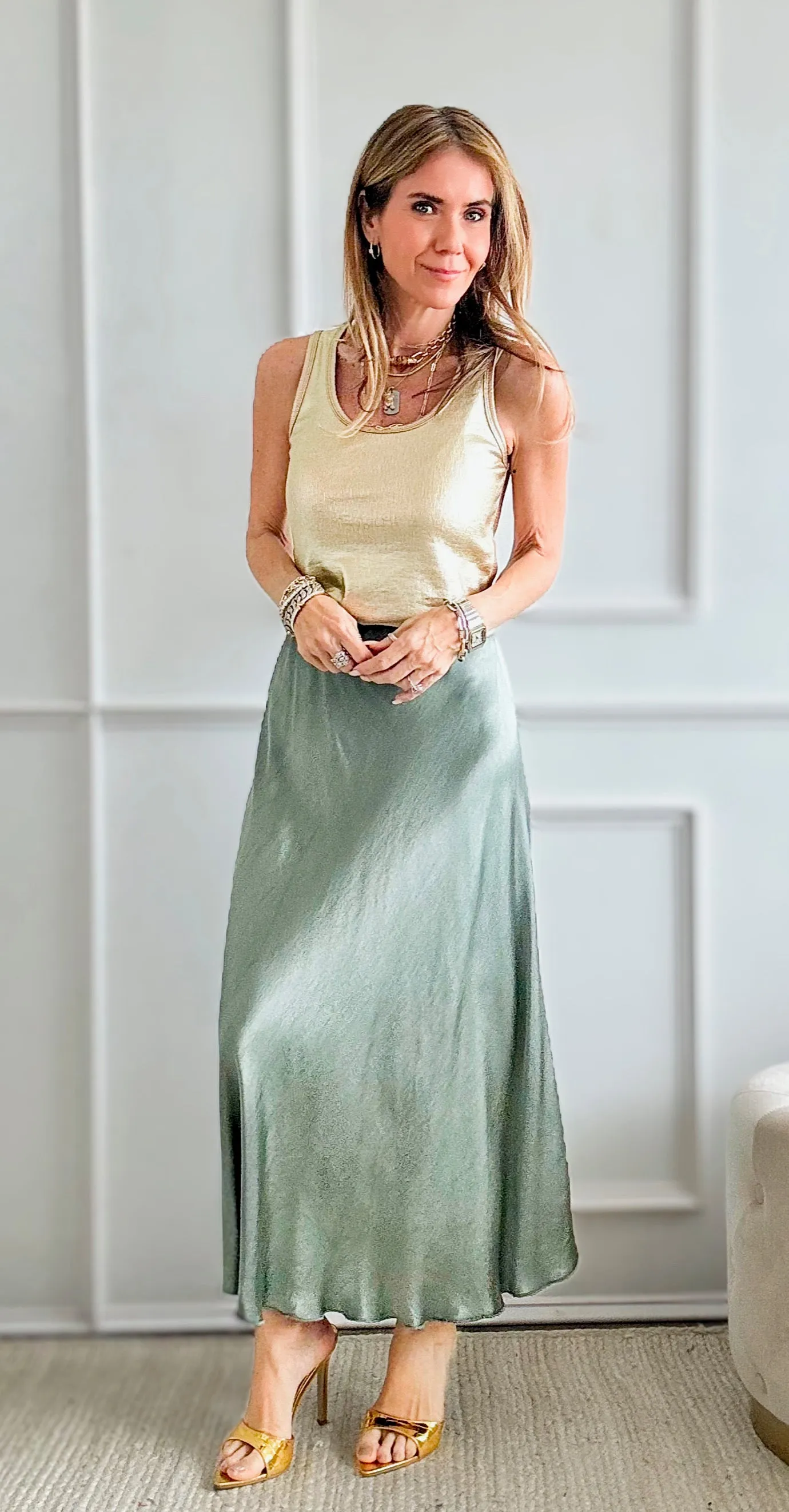 Brooklyn Italian Satin Midi Skirt - Sage