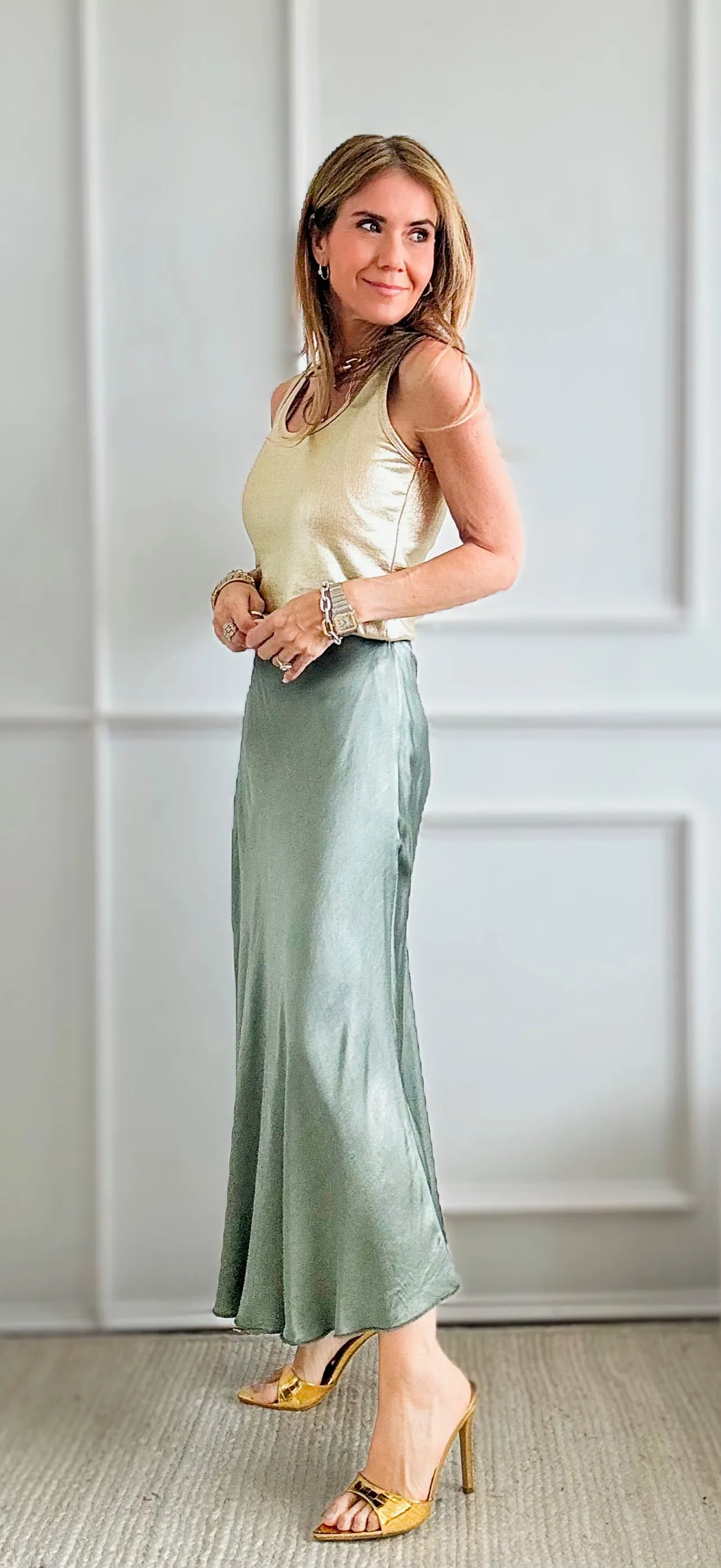 Brooklyn Italian Satin Midi Skirt - Sage