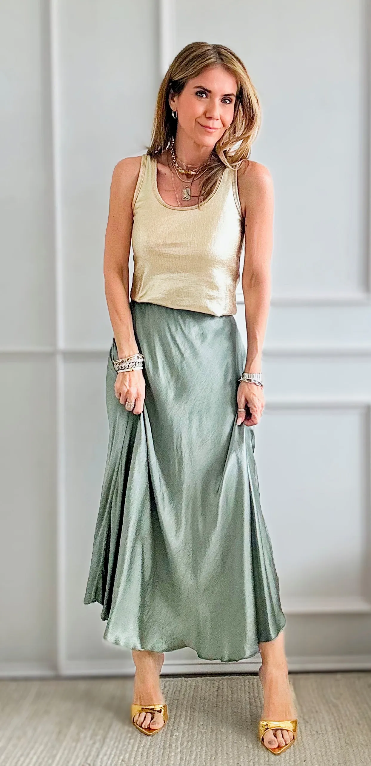 Brooklyn Italian Satin Midi Skirt - Sage