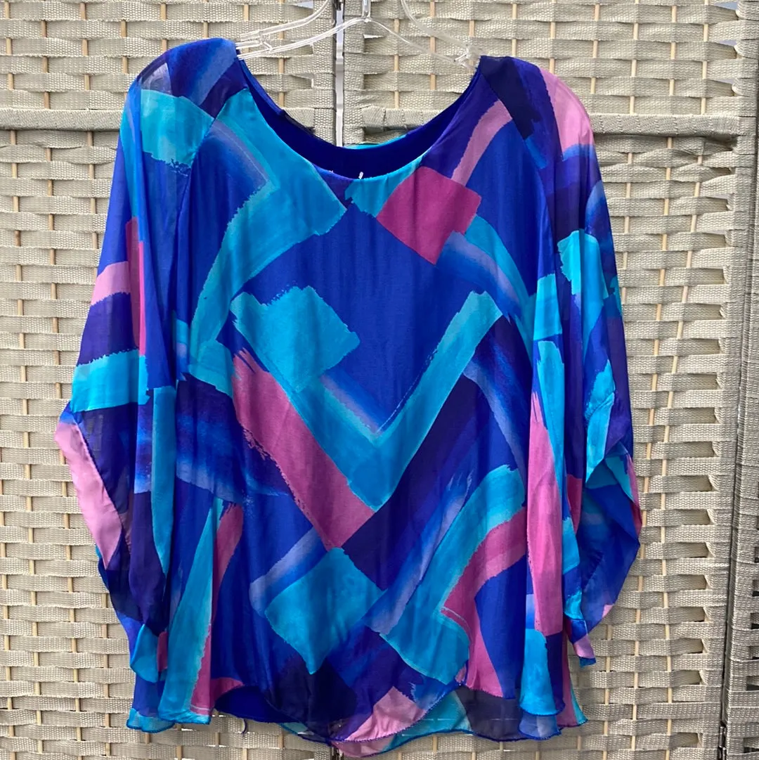 Brush Stroke Silk Top-Royal Blue