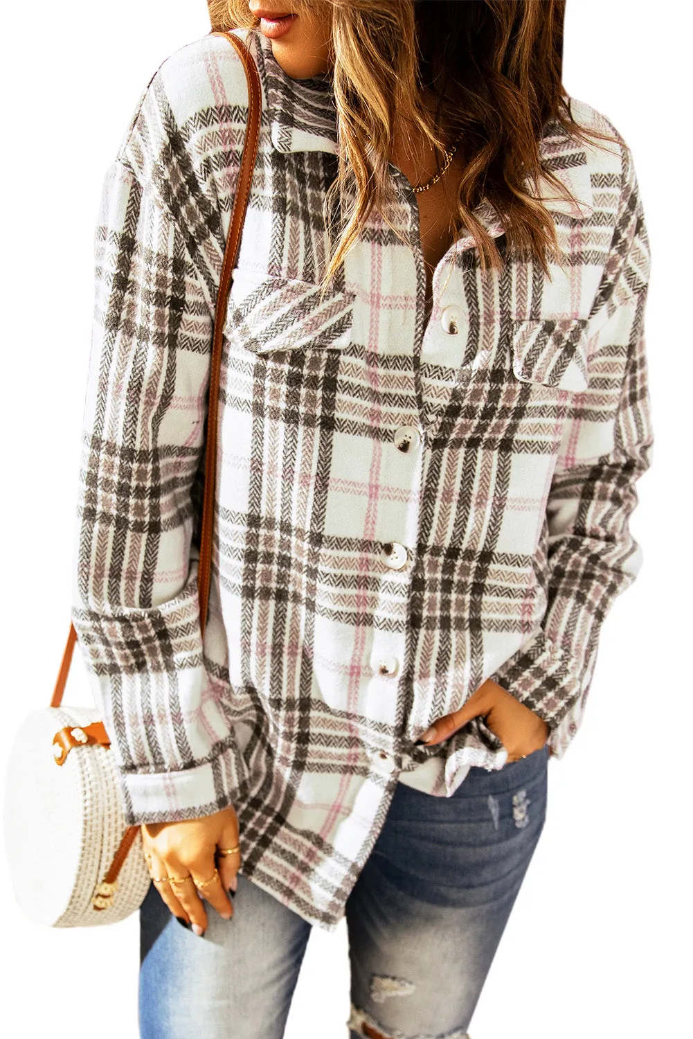 Buttoned Turn Down Collar Plaid Shacket