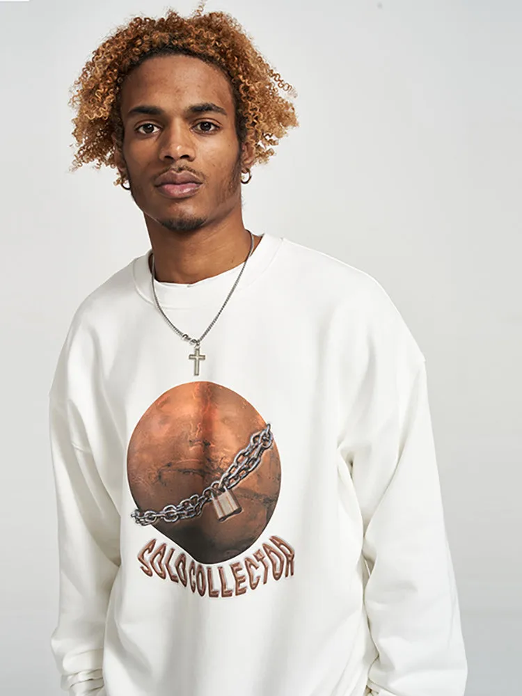 Chain Planet Letter Print Crew Neck Casual Loose Men'S Hoodies