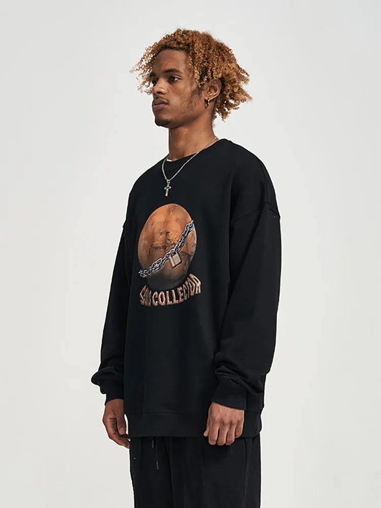 Chain Planet Letter Print Crew Neck Casual Loose Men'S Hoodies