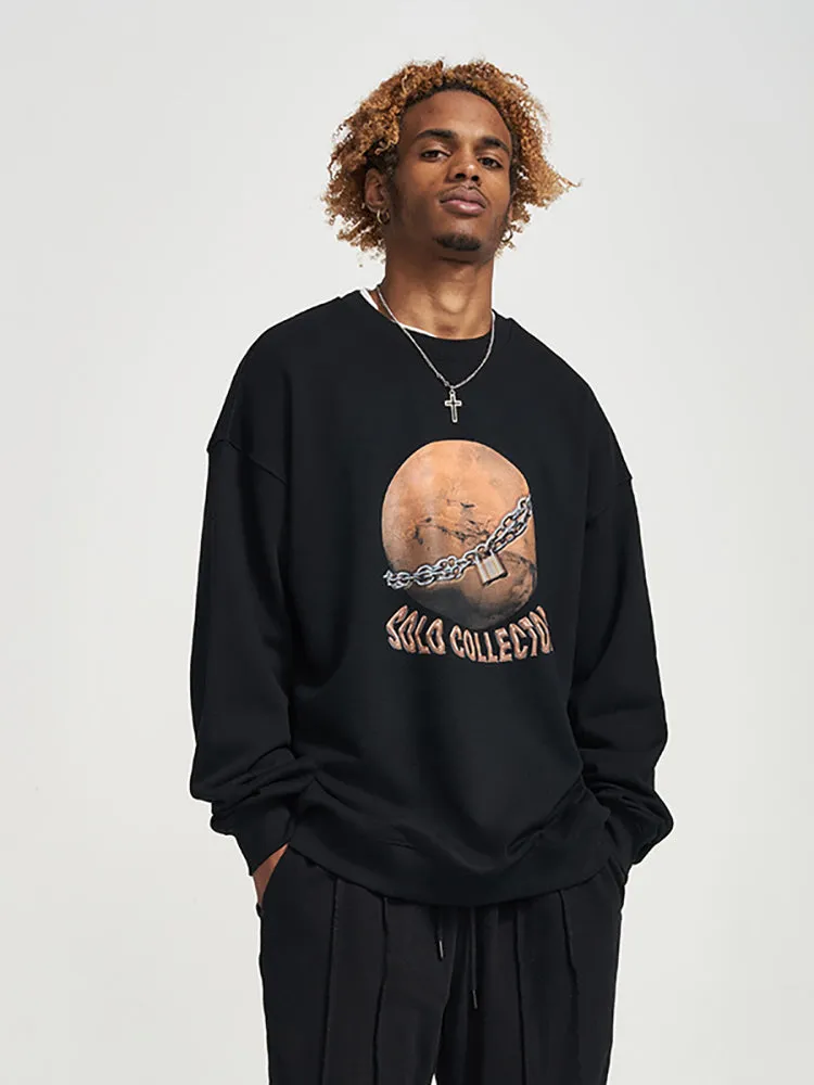 Chain Planet Letter Print Crew Neck Casual Loose Men'S Hoodies