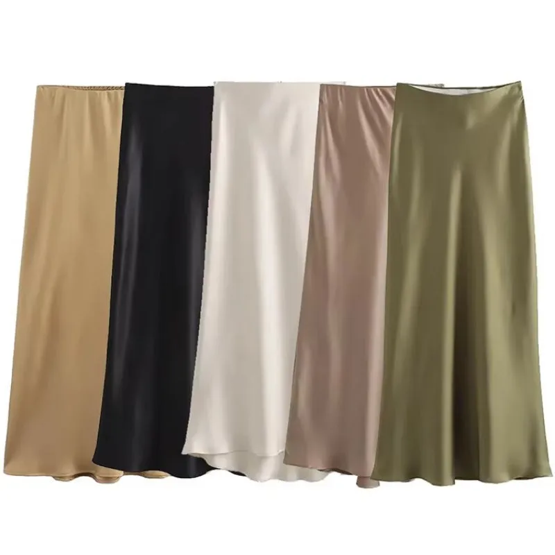 Chic Women's Elastic High Waist Solid Color Satin Midi Skirt