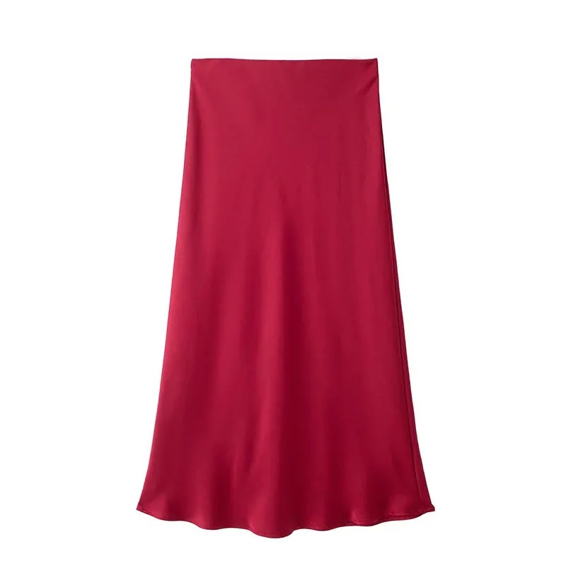 Chic Women's Elastic High Waist Solid Color Satin Midi Skirt