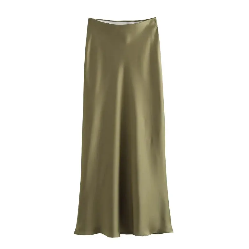 Chic Women's Elastic High Waist Solid Color Satin Midi Skirt