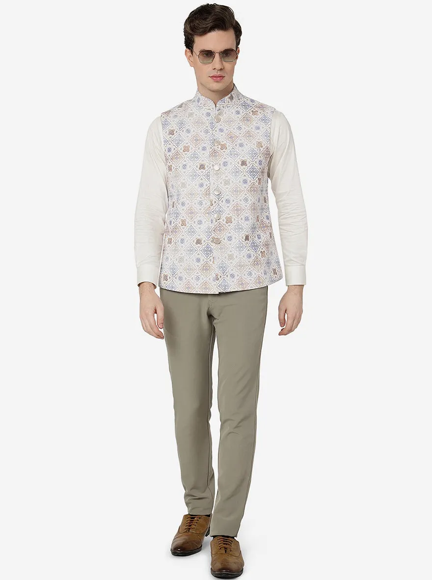 Cream Multi Printed Regular Fit Bandhgala Jacket | Greenfibre