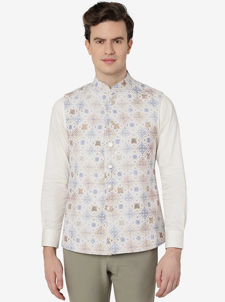 Cream Multi Printed Regular Fit Bandhgala Jacket | Greenfibre