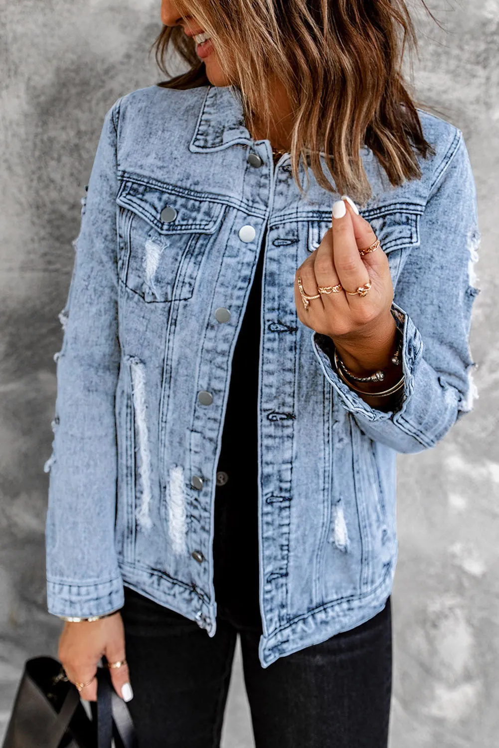 Distressed Buttons Washed Denim Jacket