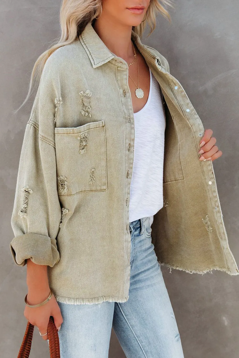 Distressed Fringe Trim Denim Jacket