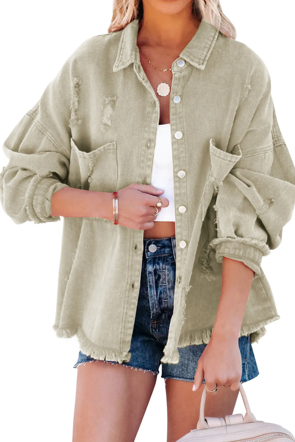 Distressed Fringe Trim Denim Jacket