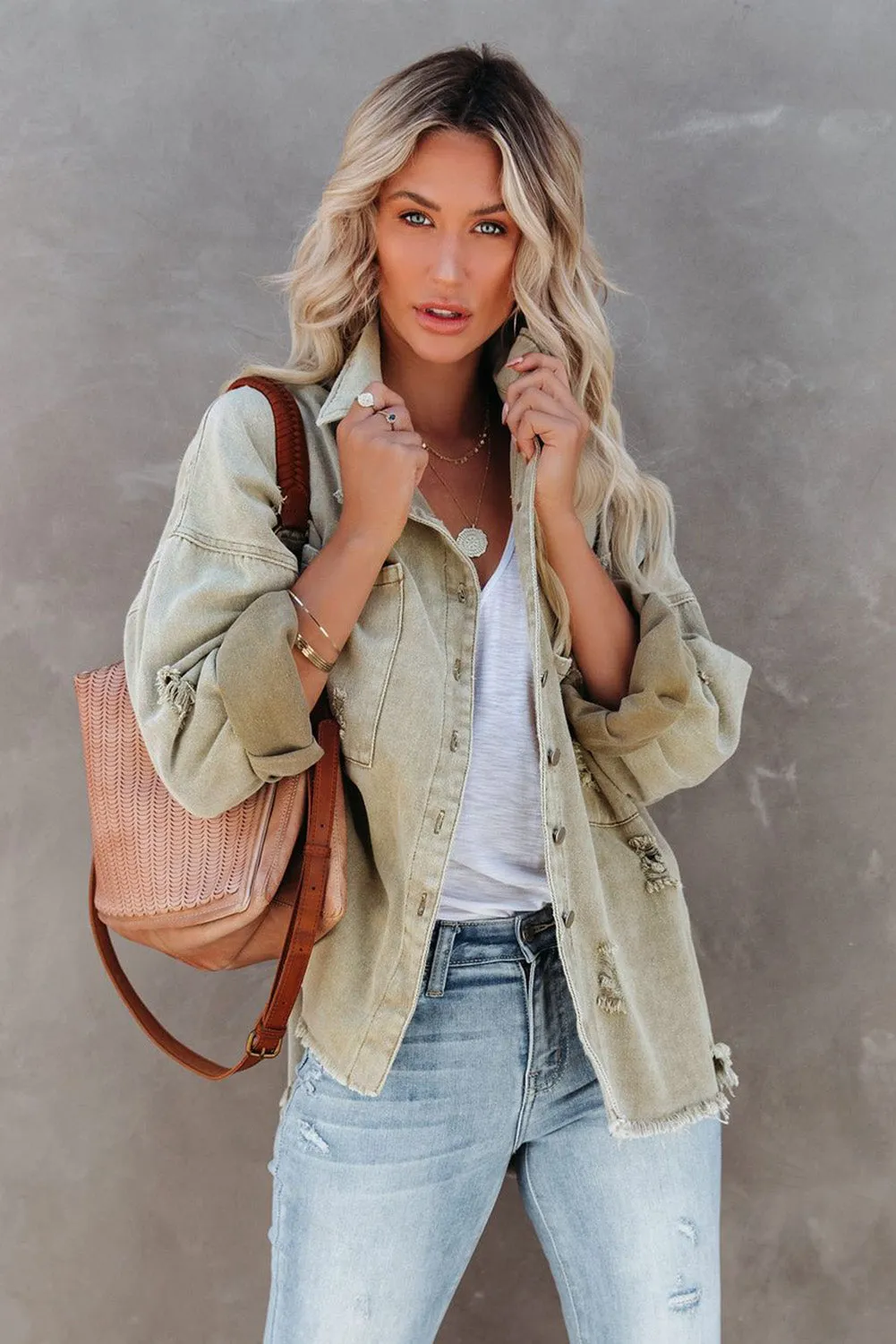 Distressed Fringe Trim Denim Jacket