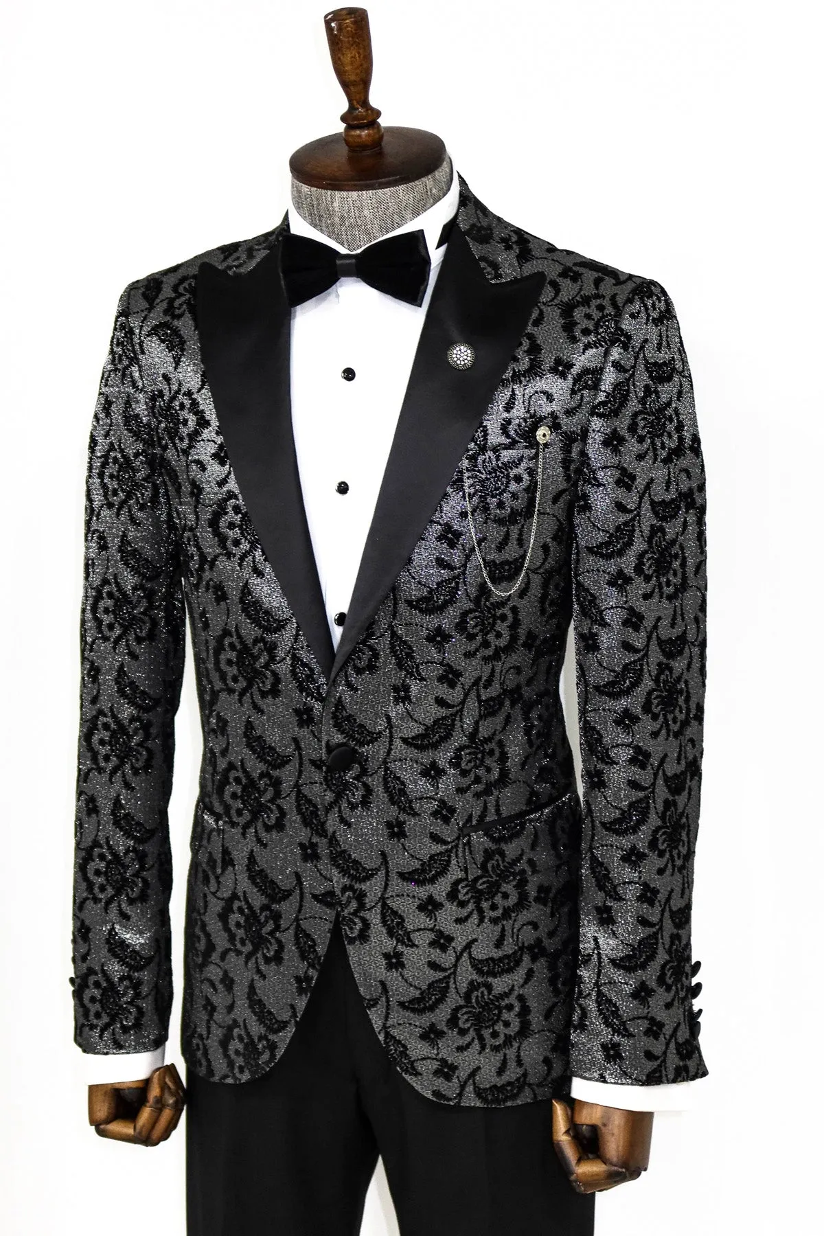 Floral Patterned Peak Lapel Smoked Men Dinner Party Blazer - Wessi