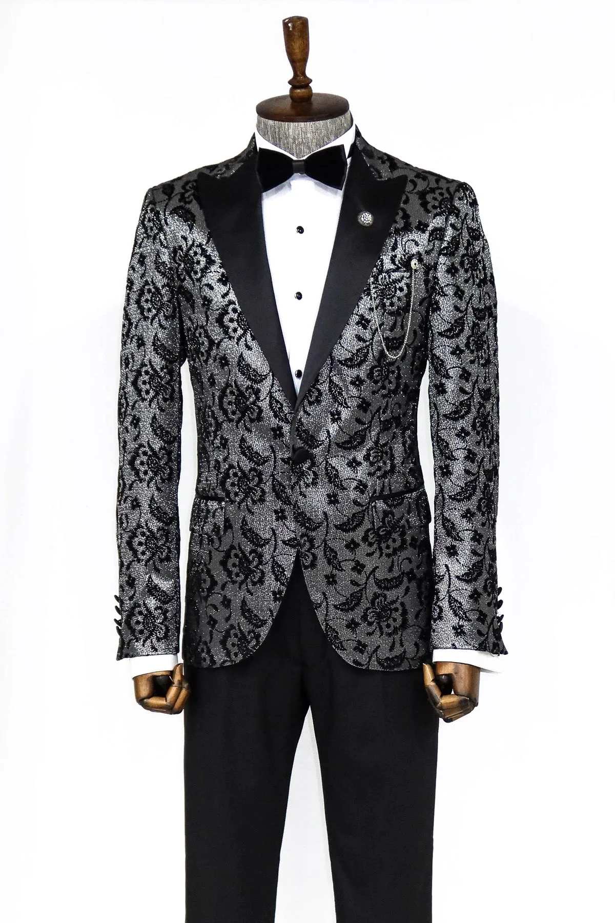 Floral Patterned Peak Lapel Smoked Men Dinner Party Blazer - Wessi