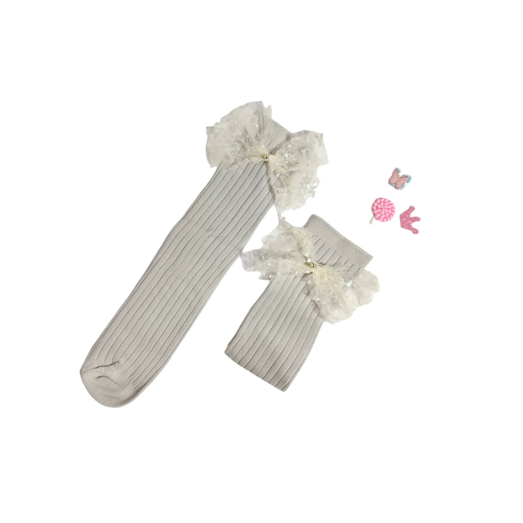 GIRLS' SEQUINED BOW KOREAN STYLE FREE SIZE LONG SOCKS