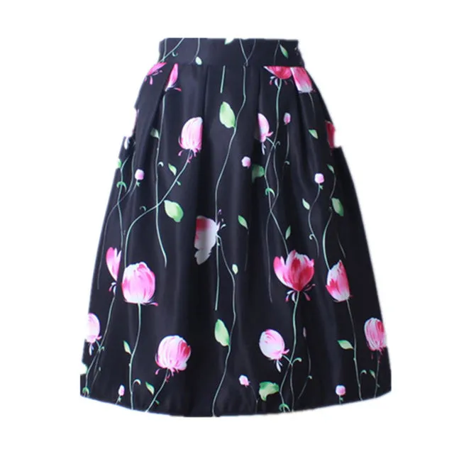 GOKIC 2017 Summer Women Vintage Retro Satin Floral Pleated Skirts Audrey Hepburn Style High Waist A-Line tutu Midi Skirt