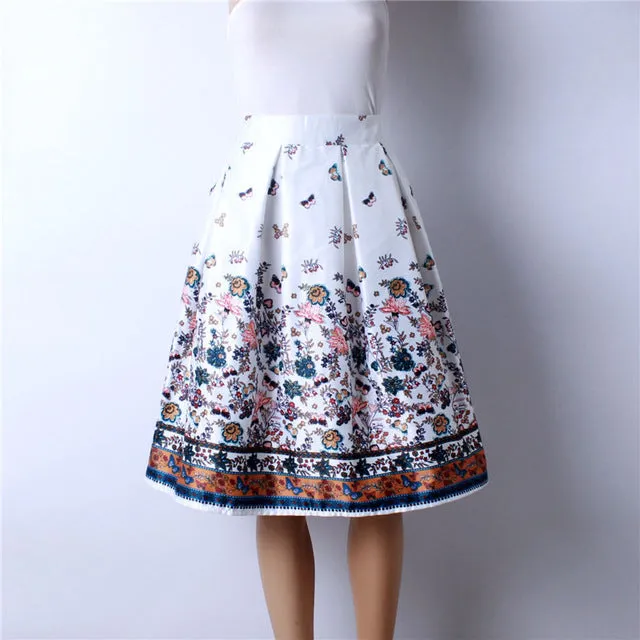 GOKIC 2017 Summer Women Vintage Retro Satin Floral Pleated Skirts Audrey Hepburn Style High Waist A-Line tutu Midi Skirt