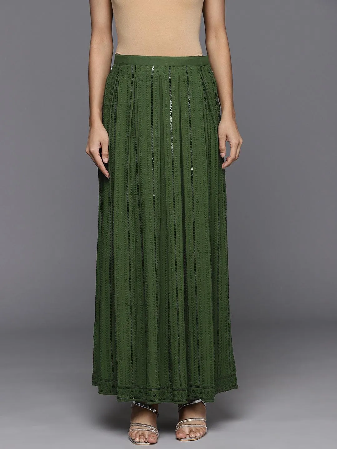 Green Embellished Rayon Skirts