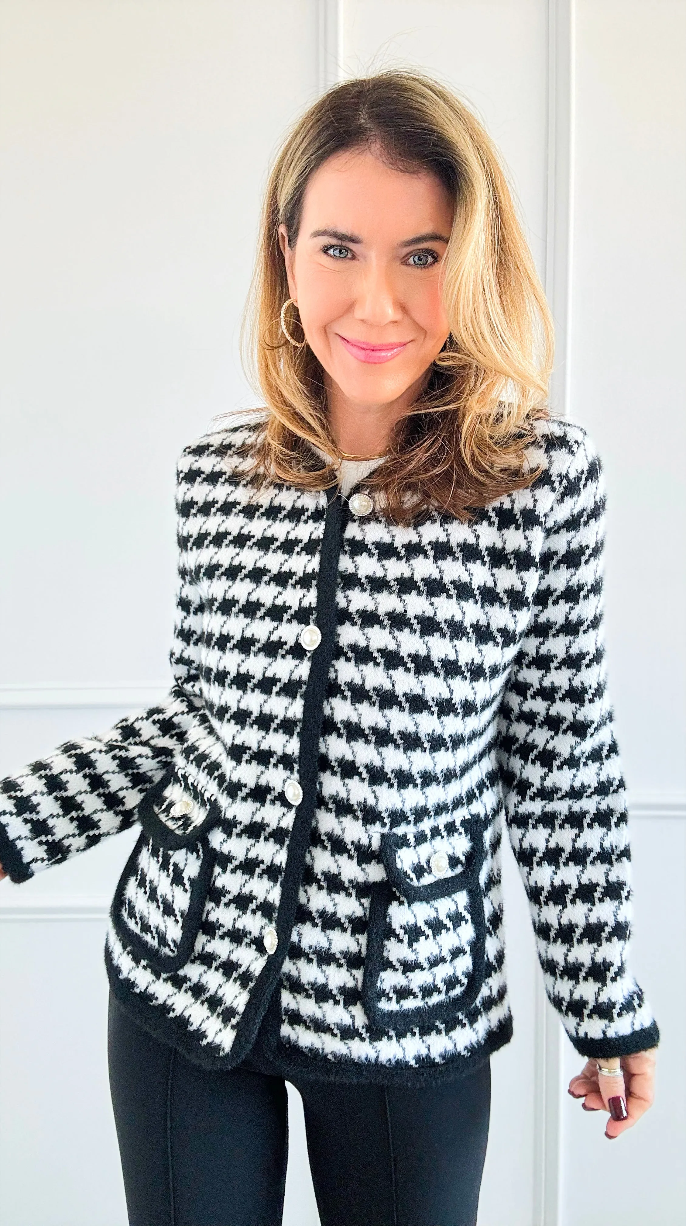 Houndstooth Tweed Jacket - White/ Black