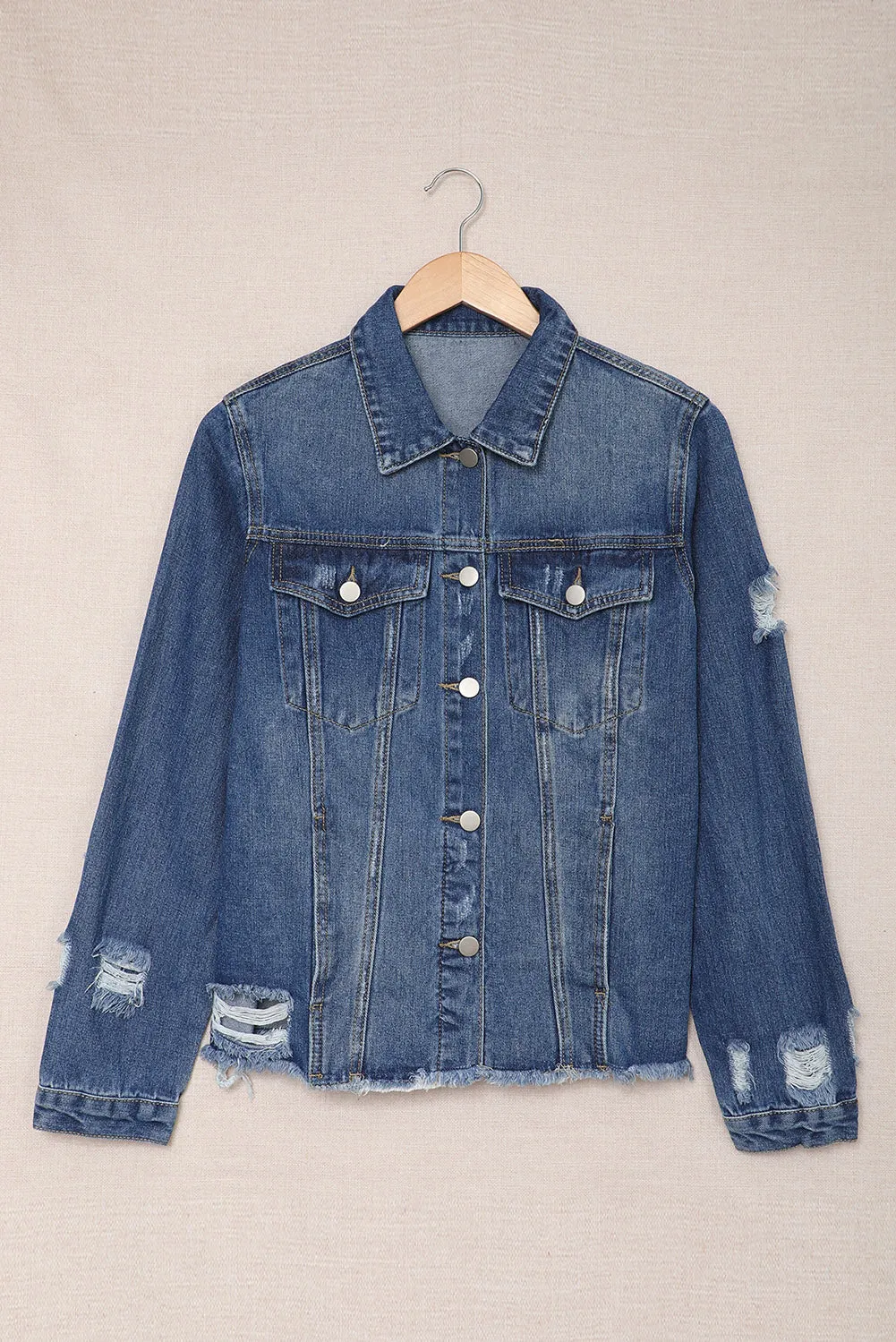 Lapel Distressed Raw Hem Buttons Denim Jacket