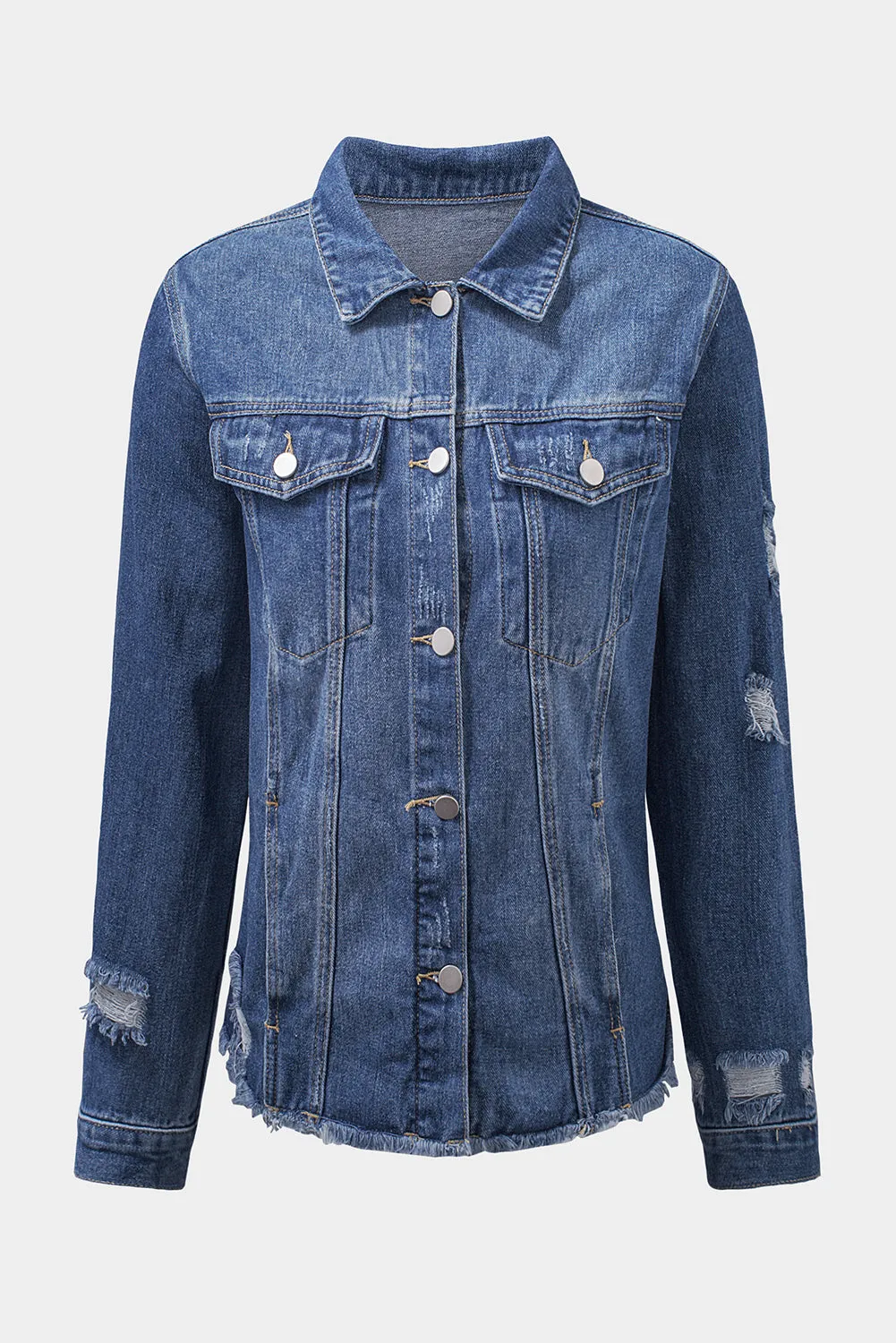 Lapel Distressed Raw Hem Buttons Denim Jacket