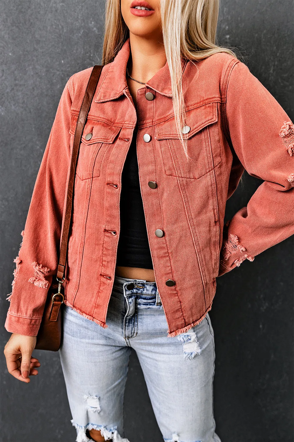 Lapel Distressed Raw Hem Buttons Denim Jacket