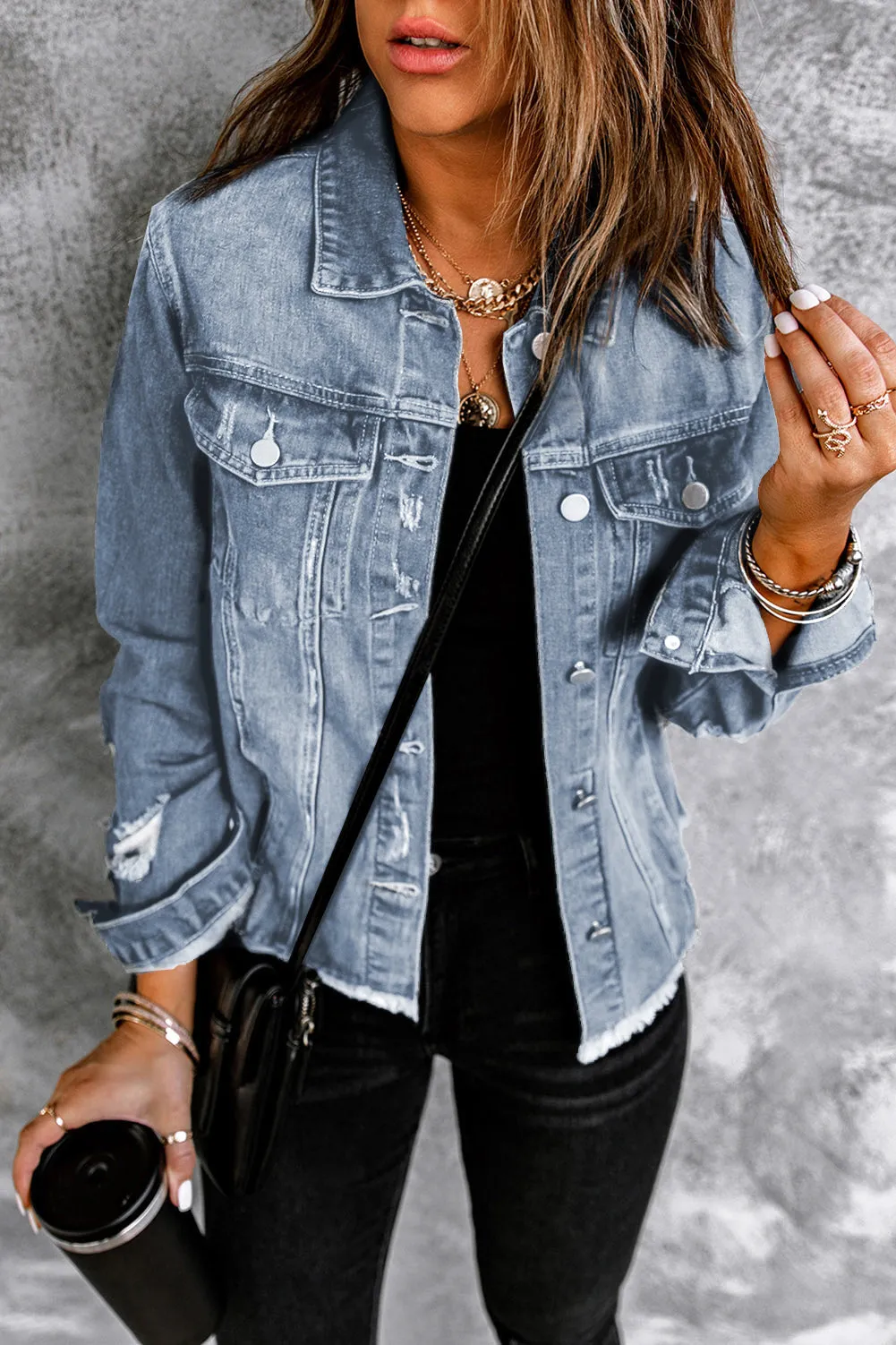 Lapel Distressed Raw Hem Buttons Denim Jacket