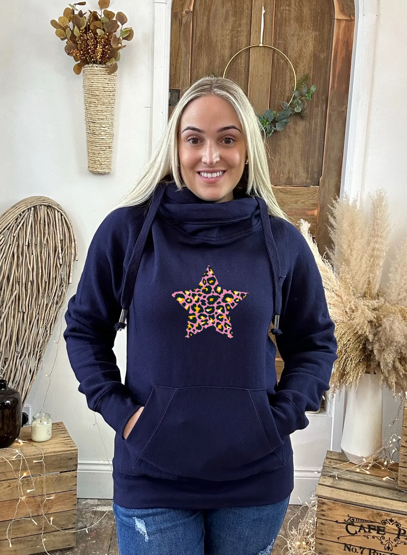 Leopard Pink Star Luxe Hoodie - Navy