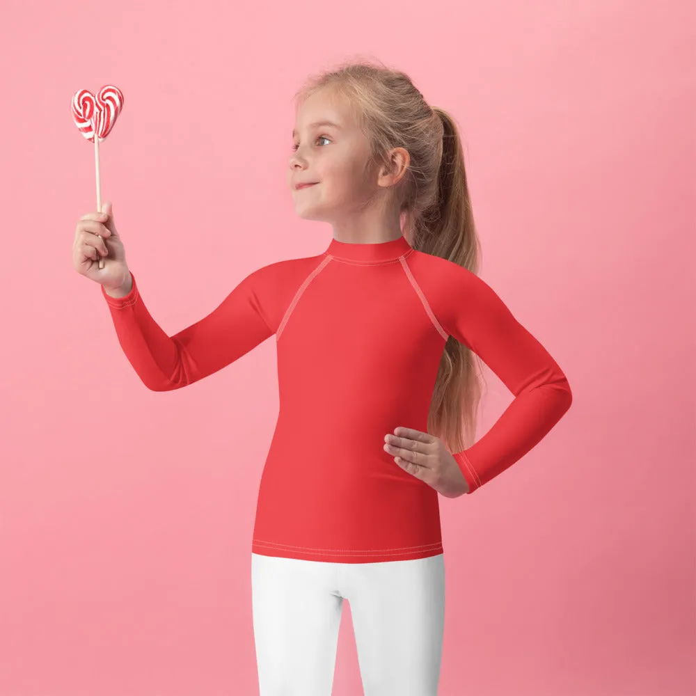 Little Fashionista: Girls' Long Sleeve Solid Color Rash Guards - Scarlet