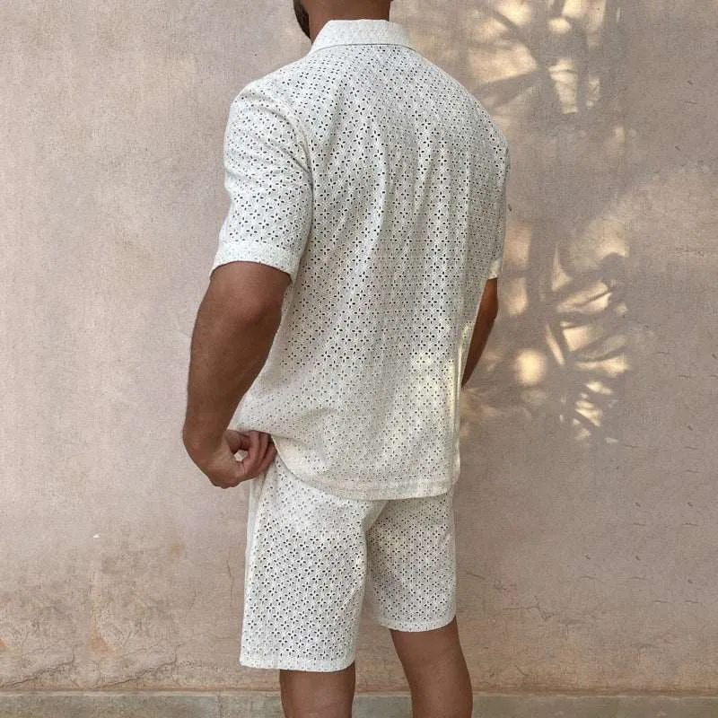 Men's Crochet Short Sleeved Shirt and Shorts Two-piece Outfit Set