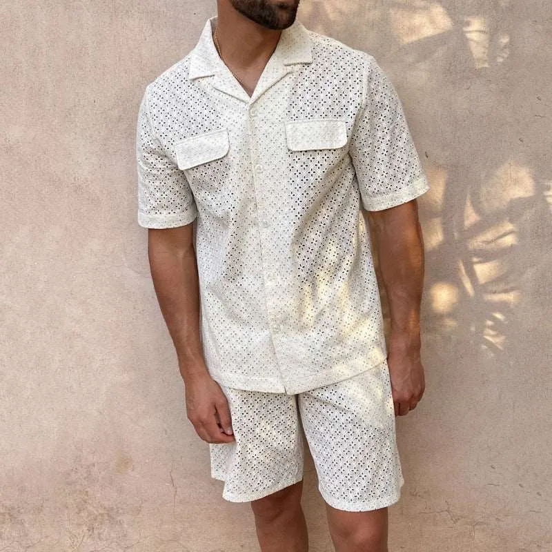 Men's Crochet Short Sleeved Shirt and Shorts Two-piece Outfit Set