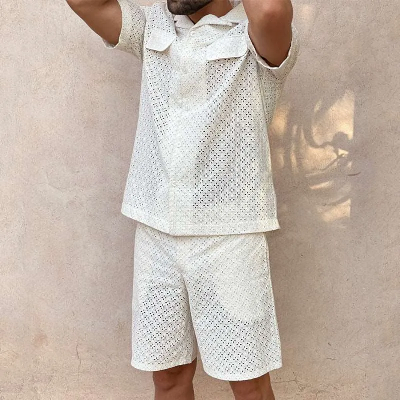 Men's Crochet Short Sleeved Shirt and Shorts Two-piece Outfit Set