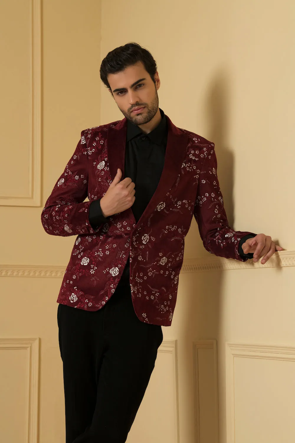 Men's Maroon Embriodered Blazer - Hilo Design