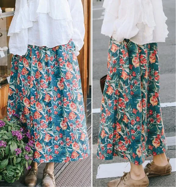 Print Flower Elastic Waist Women Skirts Summer Linen Skirts H91413