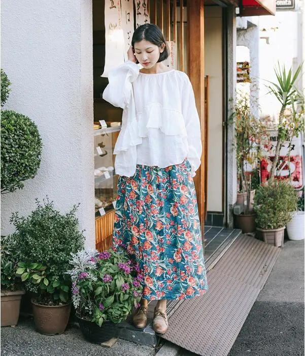 Print Flower Elastic Waist Women Skirts Summer Linen Skirts H91413