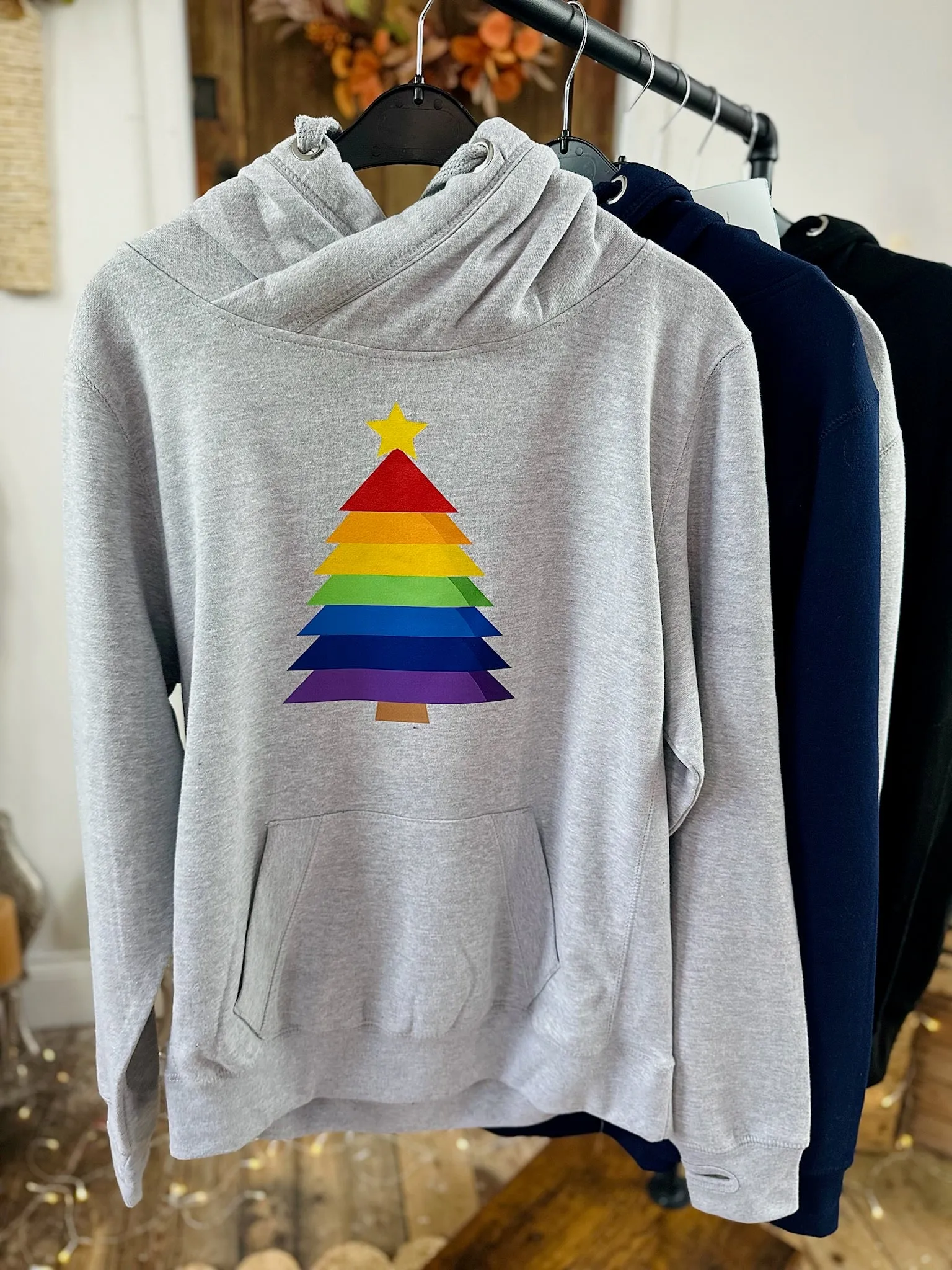 Rainbow Bold Christmas Tree Luxe Hoodie - Grey