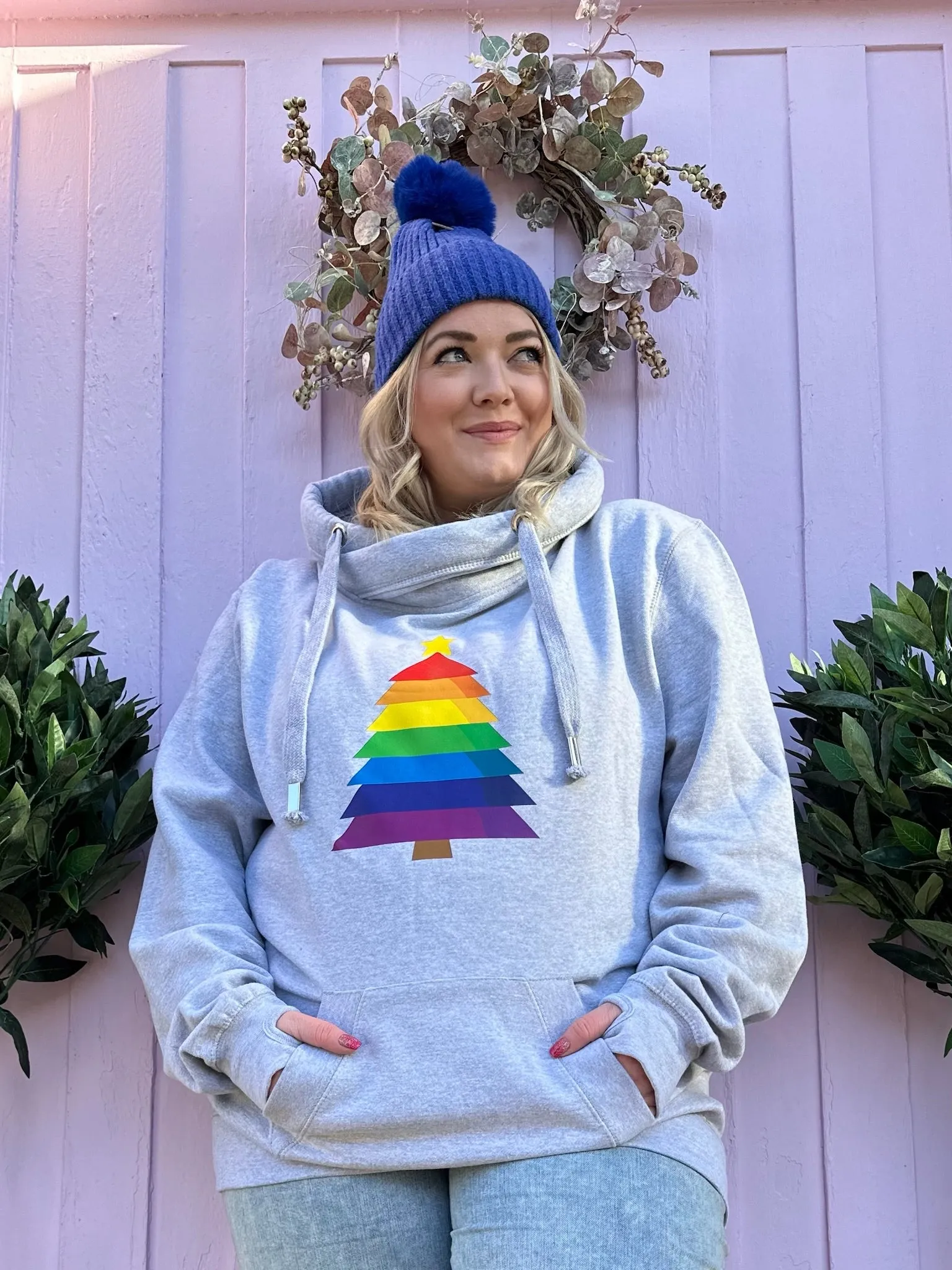 Rainbow Bold Christmas Tree Luxe Hoodie - Grey