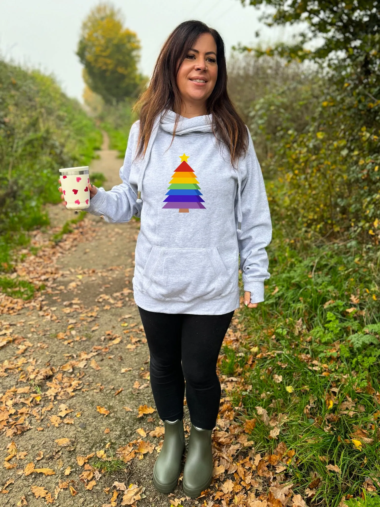 Rainbow Bold Christmas Tree Luxe Hoodie - Grey