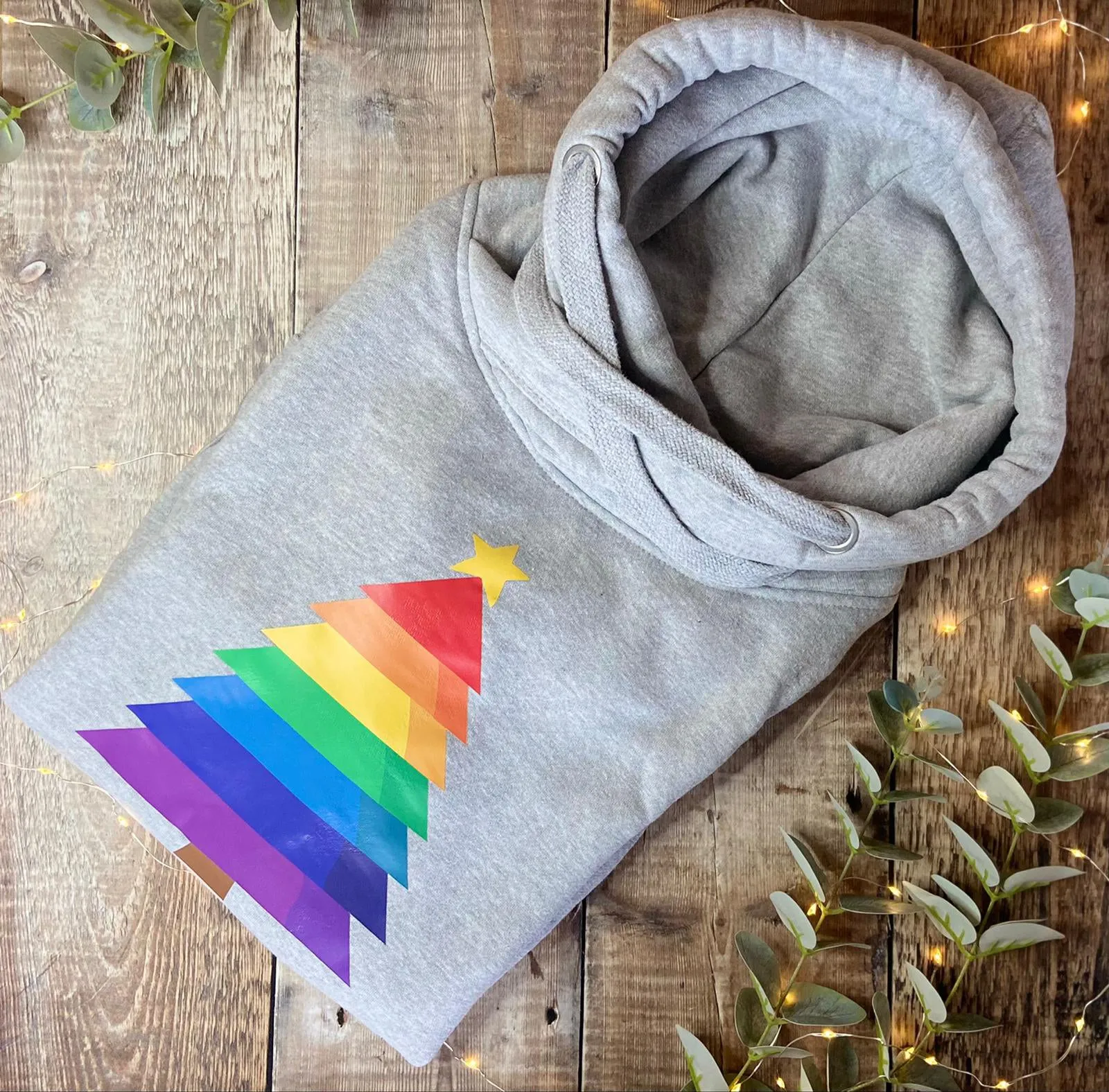 Rainbow Bold Christmas Tree Luxe Hoodie - Grey