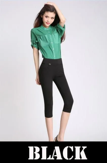 Skinny Pencil Pants in High-Waisted Fit with Calf-Length Design & Elastic Waist